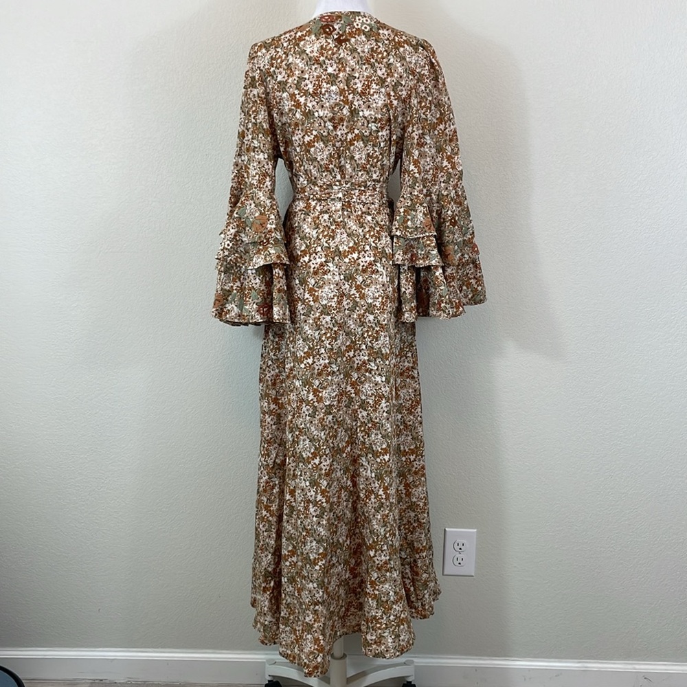 NWT Mi Golondrina brown floral wrap maxi dress with ruffle sleeves size large - Picture 7 of 13